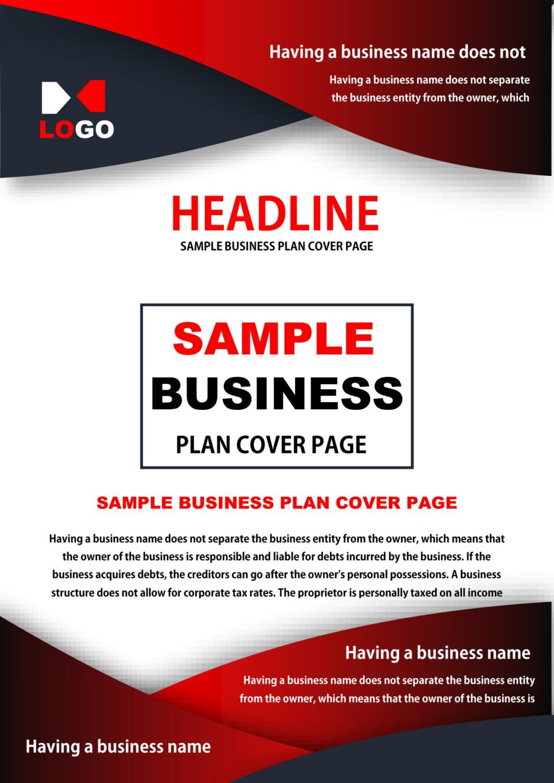 contents of a business plan cover page